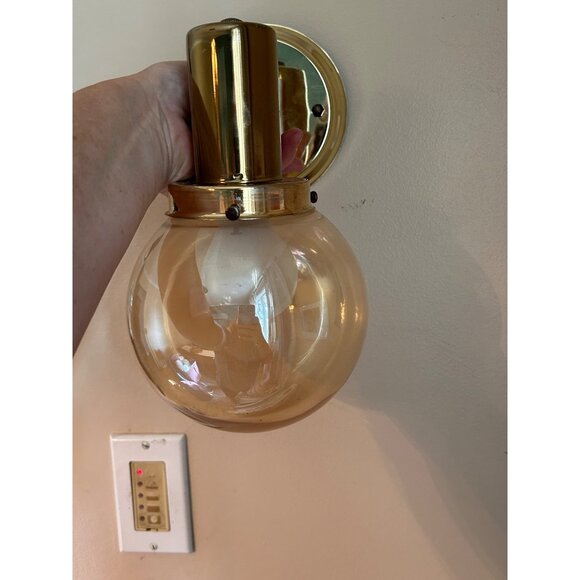 Vtg Smoked Glass Globe Shade, Brass Tones , Wood Wall Light Fixture sconce - Picture 4 of 7